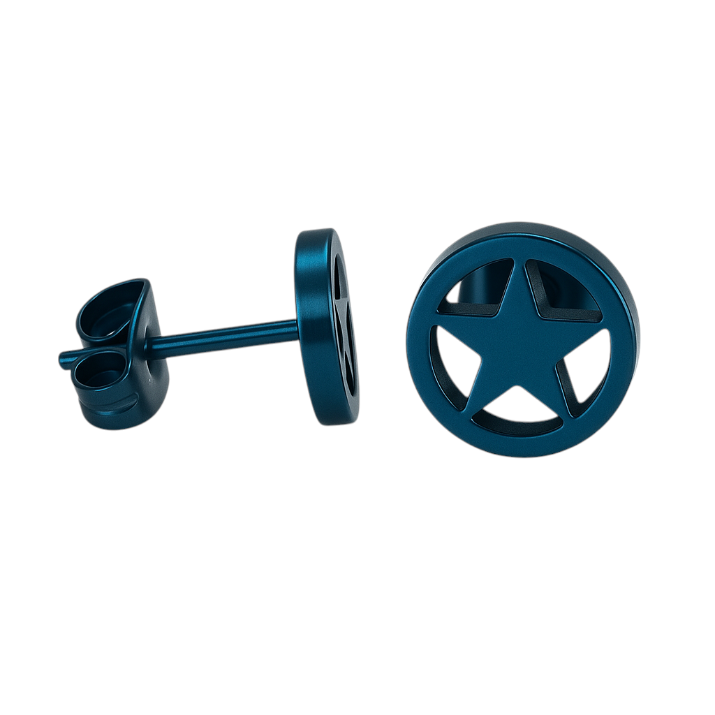 Round stud earrings with star blue stainless steel – 8mm