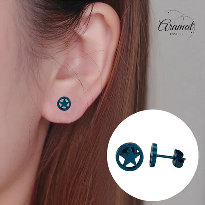 Round stud earrings with star blue stainless steel – 8mm