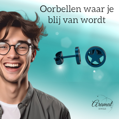 Round stud earrings with star blue stainless steel – 8mm