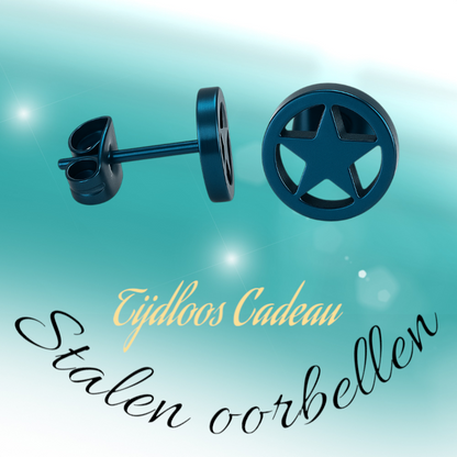 Round stud earrings with star blue stainless steel – 8mm