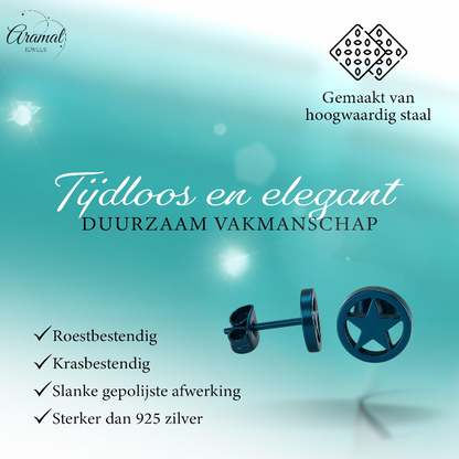 Round stud earrings with star blue stainless steel – 8mm