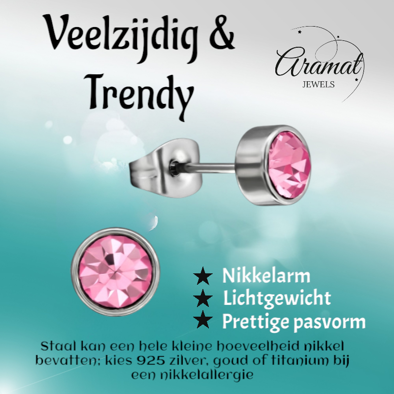 Pink crystal stud earrings – 5mm silver stainless steel