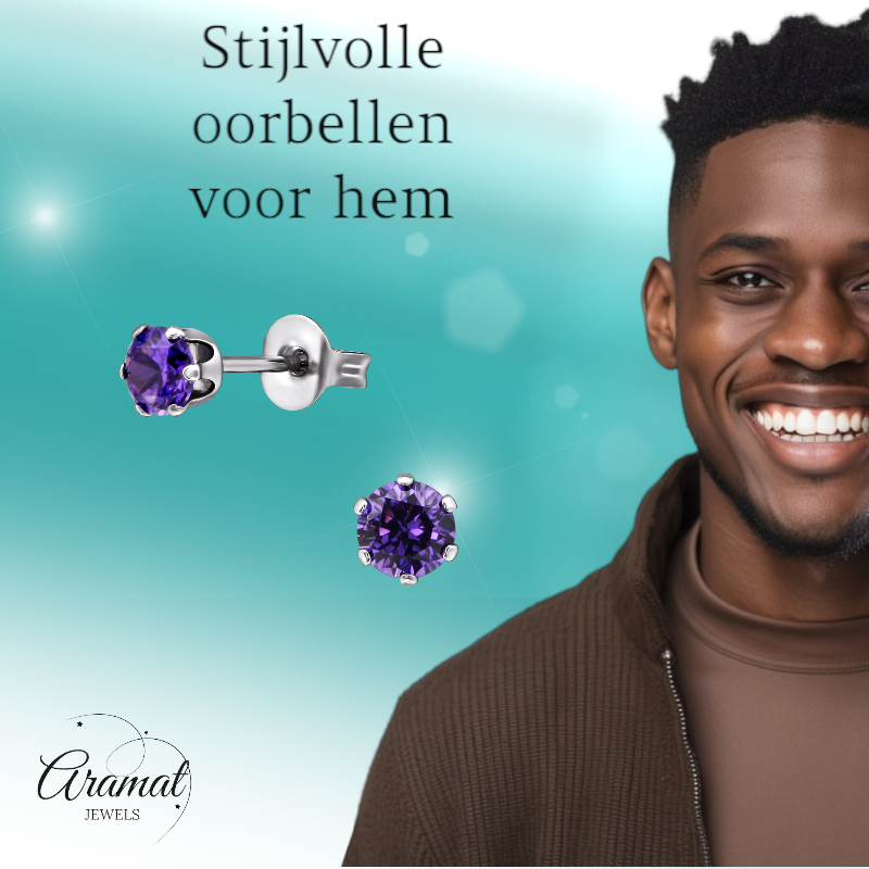 Zirconia Earrings 4mm Purple Stainless Steel