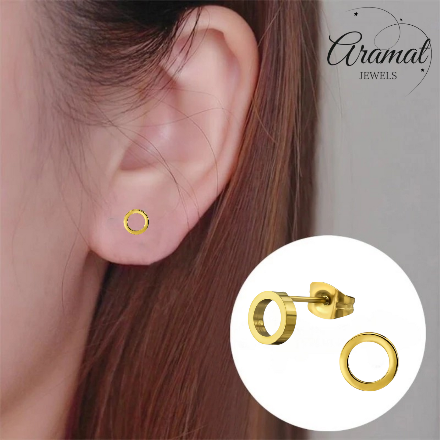 Boucles d'oreilles rondes en acier inoxydable doré, ouvertes, 10 mm - Puces d'oreilles minimalistes