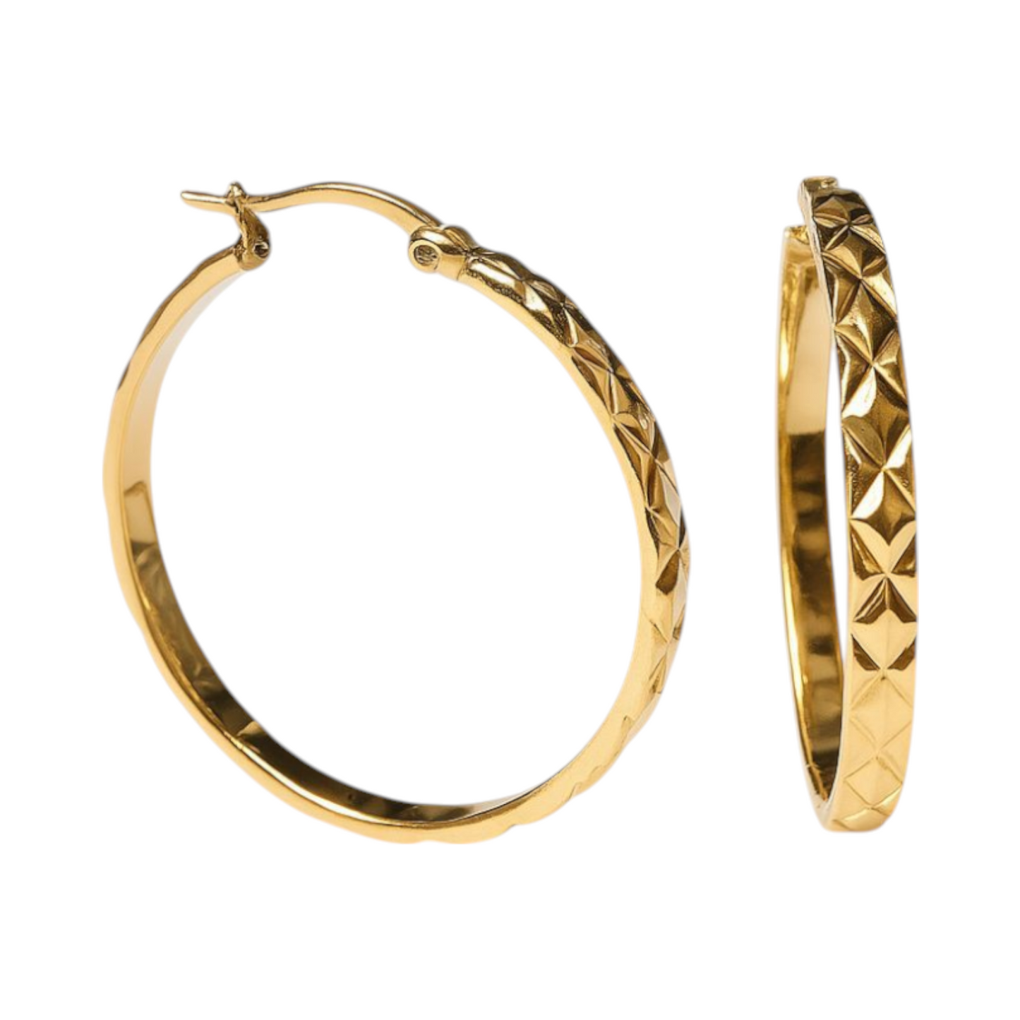 Statement Hoop Earrings 35mm Gold Color with Diamond Pattern - XL Earrings