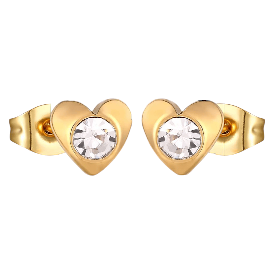 Gold-colored heart stud earrings – transparent crystal 8mm