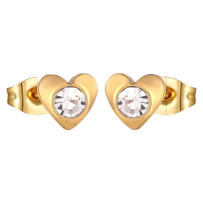 Gold-colored heart stud earrings – transparent crystal 8mm