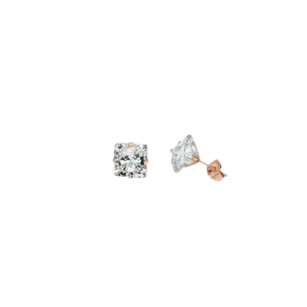 Earrings – Stainless Steel Rose Gold Color with Square Zirconia (3mm) 