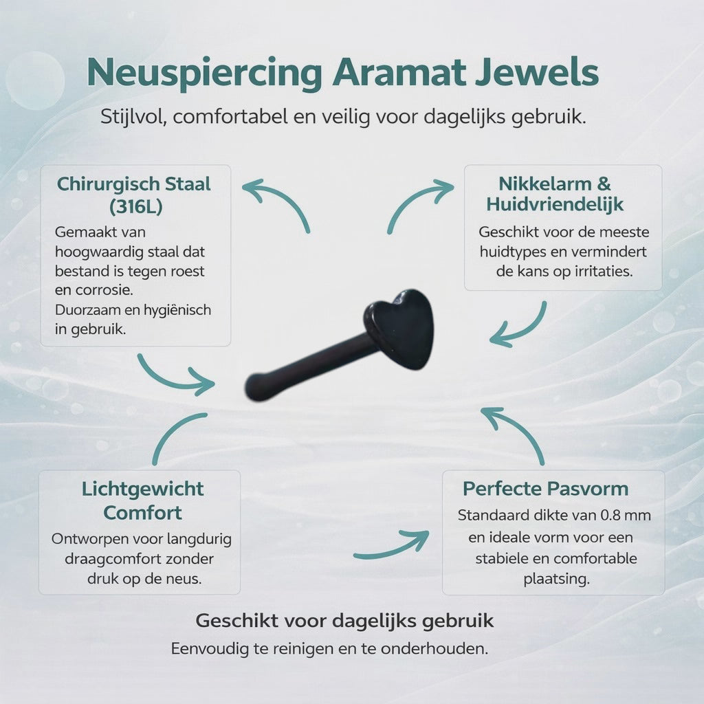 Stalen Neuspiercing Zwart Hartje – 2.5mm Recht Staafje Neusvleugelpiercing Uniseks