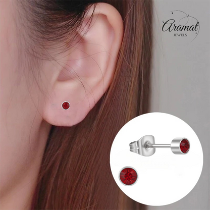 Garnet red crystal stud earrings – 4mm silver stainless steel