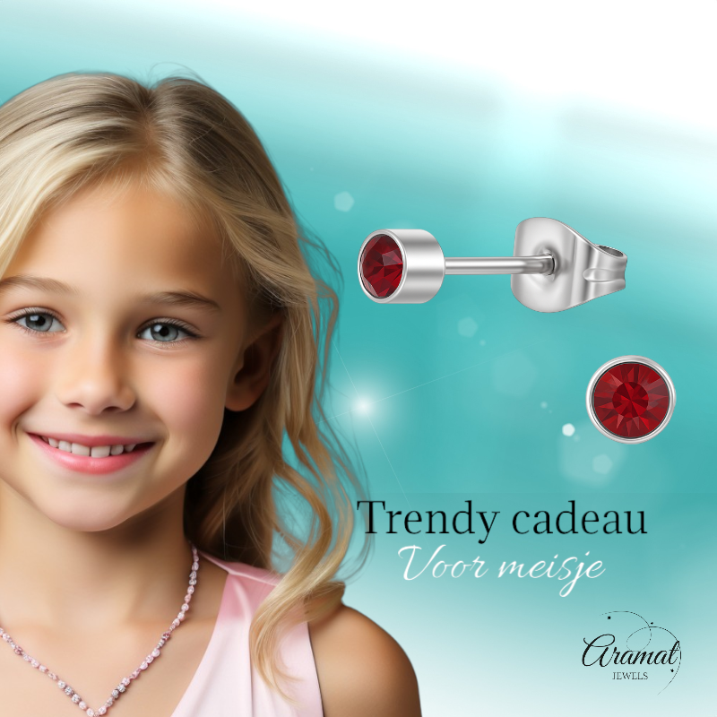 Garnet red crystal stud earrings – 4mm silver stainless steel