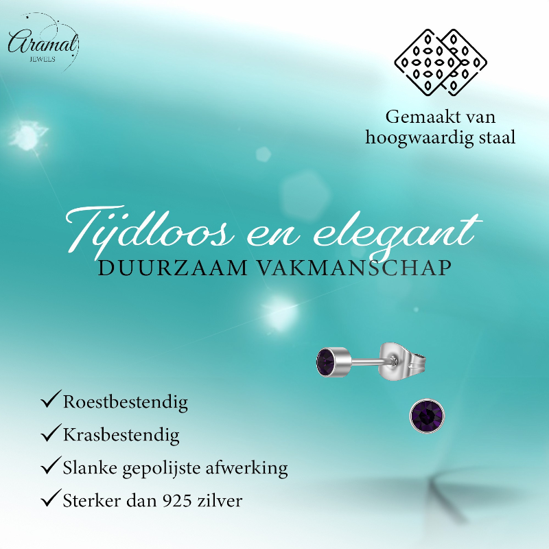 Boucles d'oreilles puces en cristal d'améthyste violet – acier inoxydable 4 mm