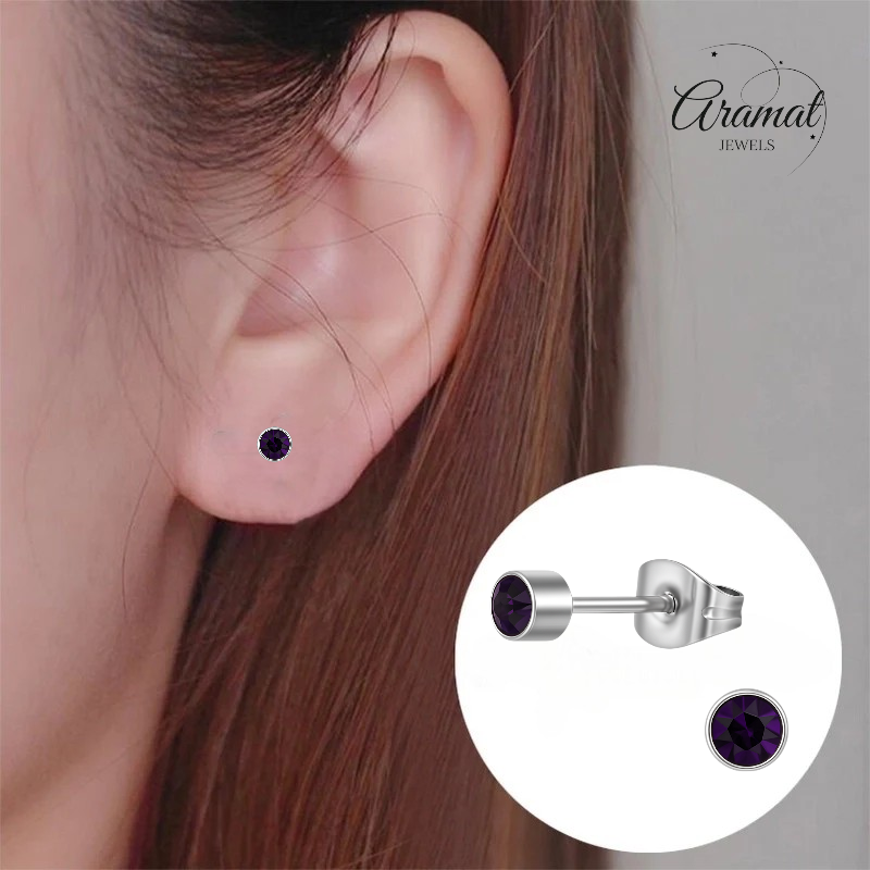 Boucles d'oreilles puces en cristal d'améthyste violet – acier inoxydable 4 mm