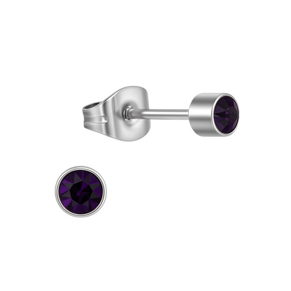 Boucles d'oreilles puces en cristal d'améthyste violet – acier inoxydable 4 mm