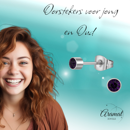 Boucles d'oreilles puces en cristal d'améthyste violet – acier inoxydable 4 mm