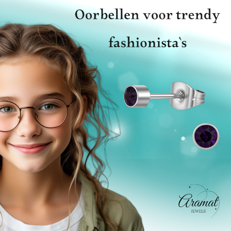 Boucles d'oreilles puces en cristal d'améthyste violet – acier inoxydable 4 mm