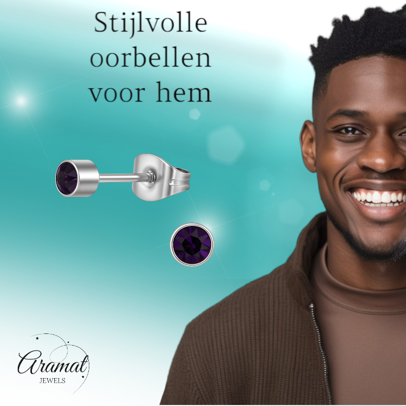 Boucles d'oreilles puces en cristal d'améthyste violet – acier inoxydable 4 mm