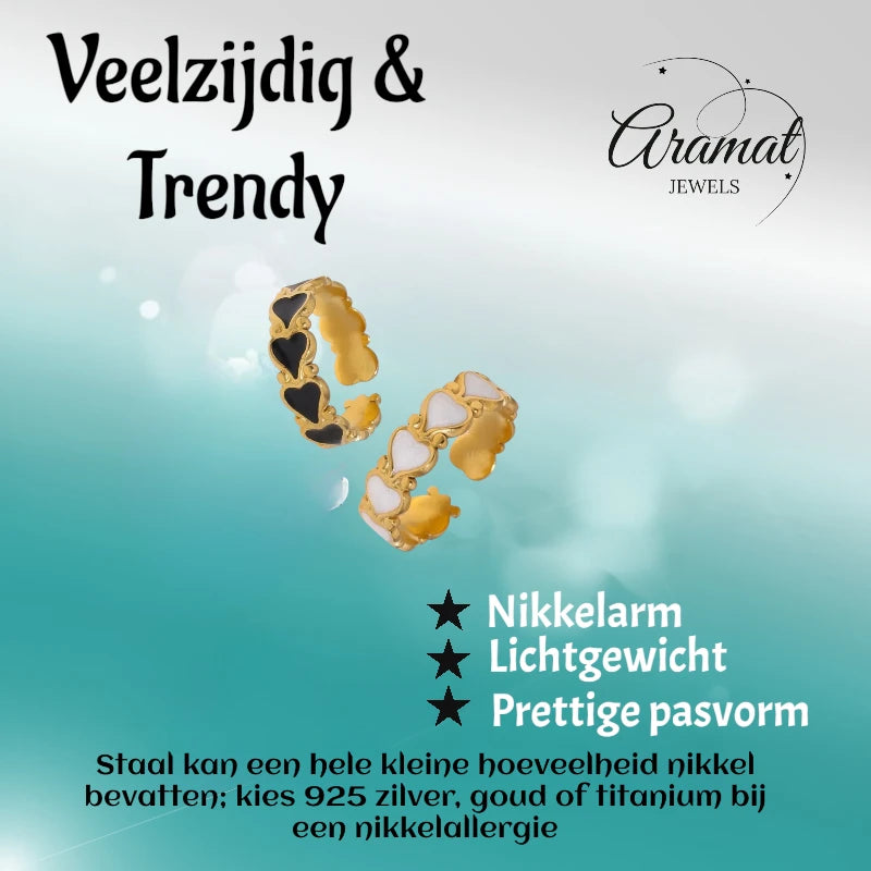 Open Ring RVS met Hartjes Motief en Emaille (6 mm)