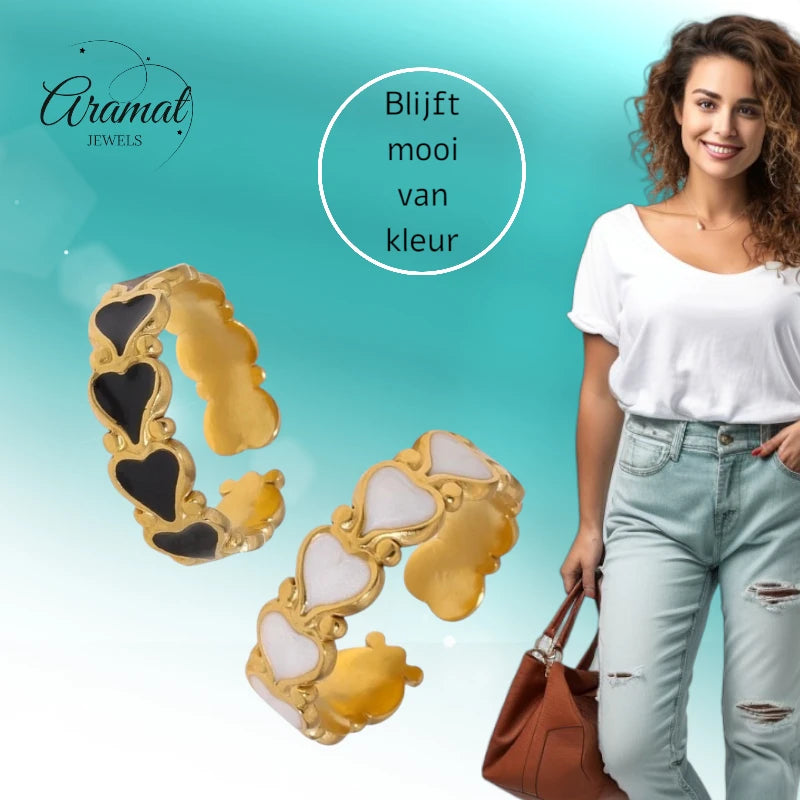 Open Ring RVS met Hartjes Motief en Emaille (6 mm)