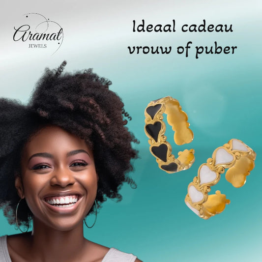 Open Ring RVS met Hartjes Motief en Emaille (6 mm)