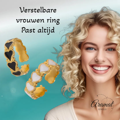 Open Ring RVS met Hartjes Motief en Emaille (6 mm)