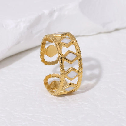 Verstelbare RVS Ring Emaille Ruitjes - Goud met Wit of Zwart