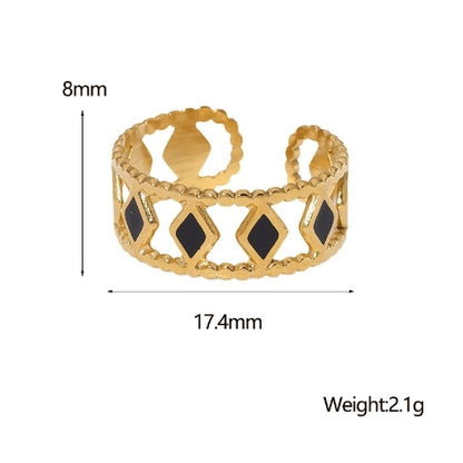 Verstelbare RVS Ring Emaille Ruitjes - Goud met Wit of Zwart