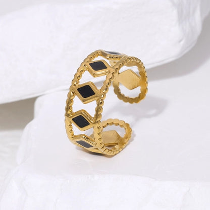 Verstelbare RVS Ring Emaille Ruitjes - Goud met Wit of Zwart