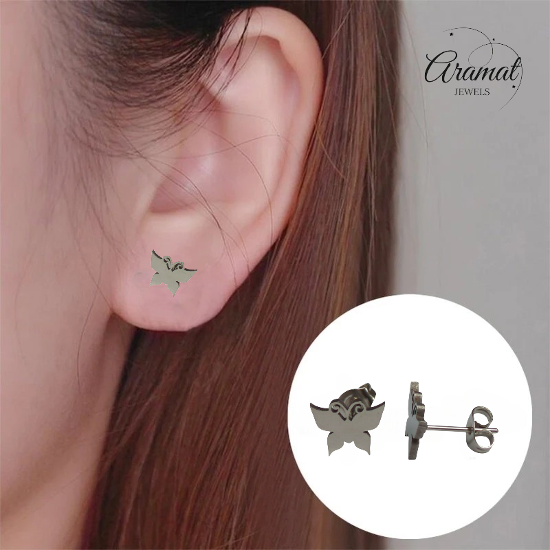 Butterfly stud earrings steel – silver color 8x10mm closed