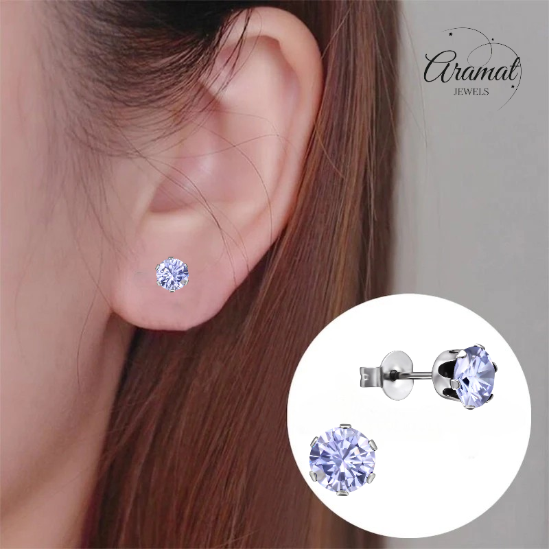 Silver-colored Zirconia Earrings 6mm Lilac