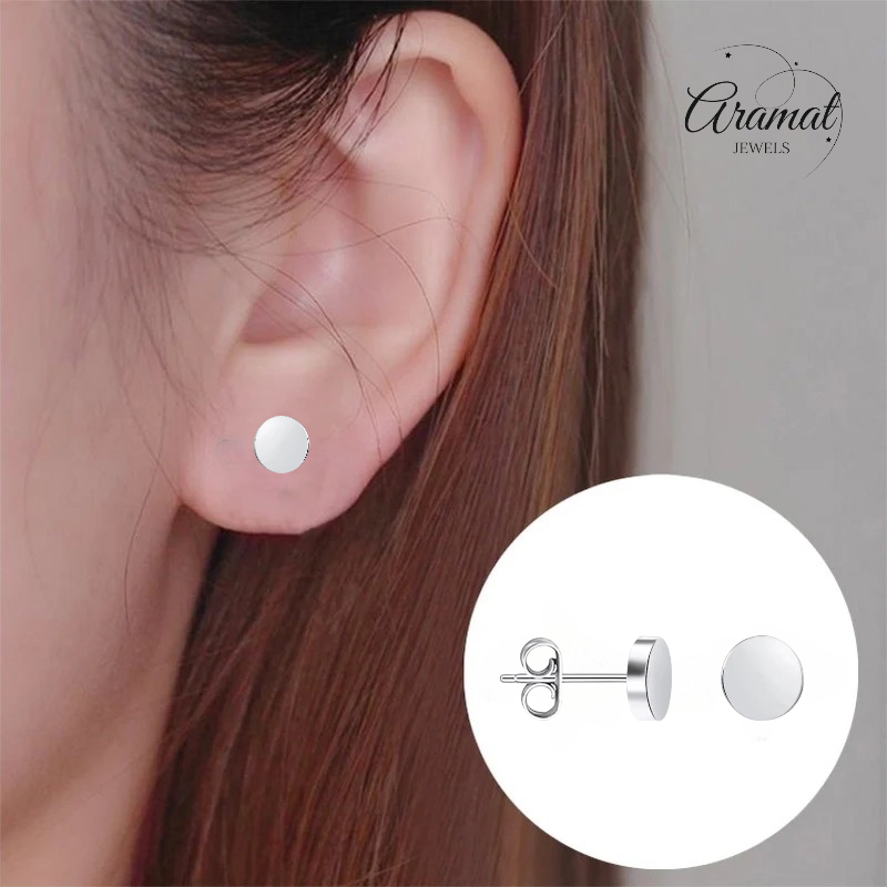 Boucles d'oreilles puces rondes argentées en acier inoxydable 6 mm