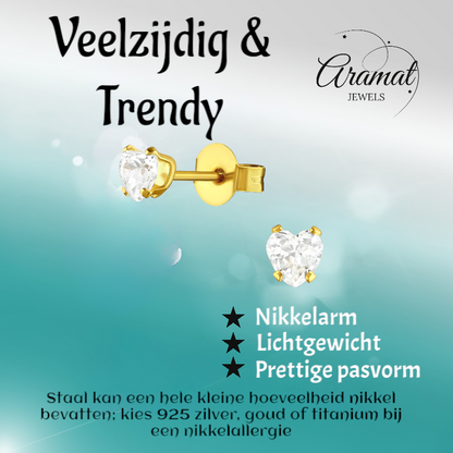 Boucles d'oreilles cœur en zircone couleur or – 4 mm