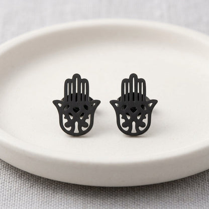 Zwarte Hamsa Oorstekers RVS – Handje van Fatima Oorknopjes (11x7mm)