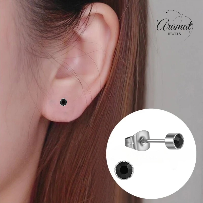Black crystal stud earrings – 4mm silver stainless steel