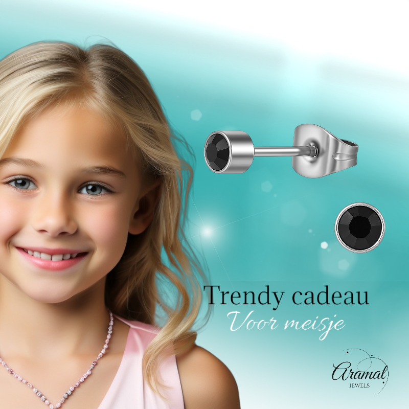 Black crystal stud earrings – 4mm silver stainless steel