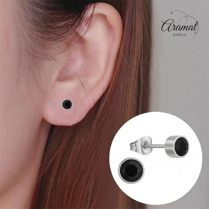 Boucles d'oreilles puces en cristal noir – 5 mm en acier inoxydable argenté