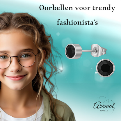 Boucles d'oreilles puces en cristal noir – 5 mm en acier inoxydable argenté