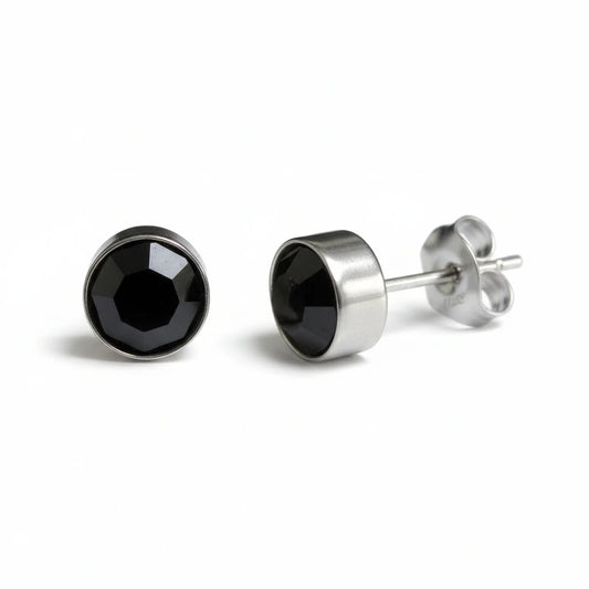 Boucles d'oreilles puces – Acier cristal noir argent (8 mm) 