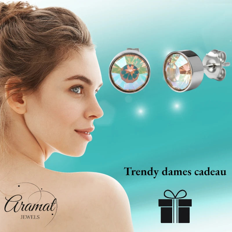 Stud Earrings – Steel Crystal AB Transparent Silver Color (7mm) 