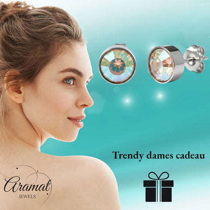 Stud Earrings – Steel Crystal AB Transparent Silver Color (7mm) 