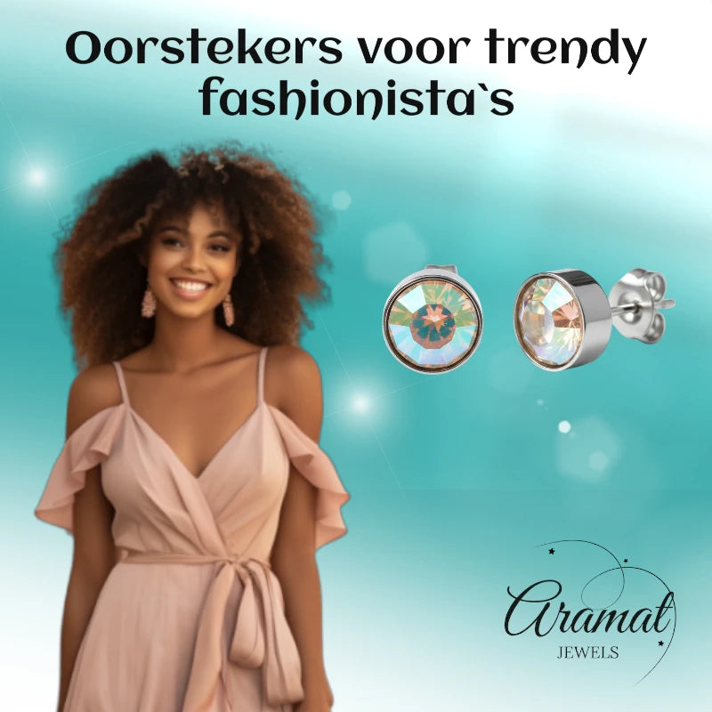 Stud Earrings – Steel Crystal AB Transparent Silver Color (7mm) 