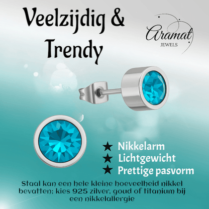 Aqua blauwe kristal oorstekers – 5mm zilver RVS - Aramat Jewels - Oorbellen - cadeautip