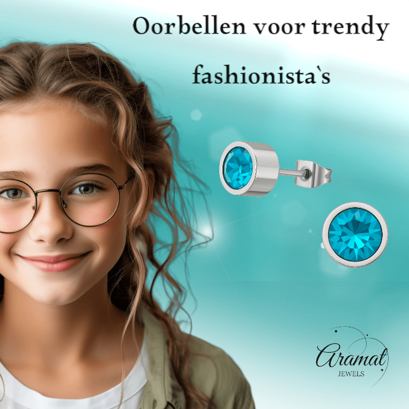 Aqua blauwe kristal oorstekers – 5mm zilver RVS - Aramat Jewels - Oorbellen - cadeautip