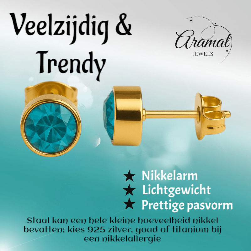Aqua Blauwe Oorstekers 6mm – Goudkleurig RVS - oor2741 - XE71668 - Oorbellen kopen# - 6mm - alles - Aqua Blauw
