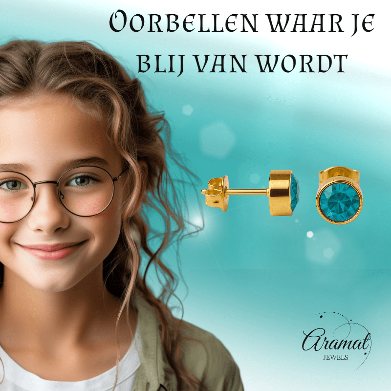 Aqua Blauwe Oorstekers 6mm – Goudkleurig RVS - oor2741 - XE71668 - Oorbellen kopen# - 6mm - alles - Aqua Blauw