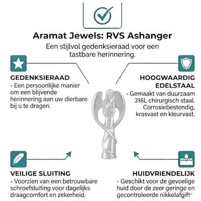 Aramat Jewels silver-colored stainless steel angel ash pendant, a comforting memorial jewelry with a secure screw closure.