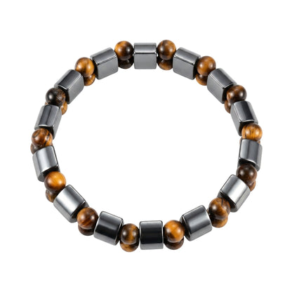 Aramat Jewels® verstelbare unisex armband met ronde tijgeroog en rechthoekige hematiet stenen.
