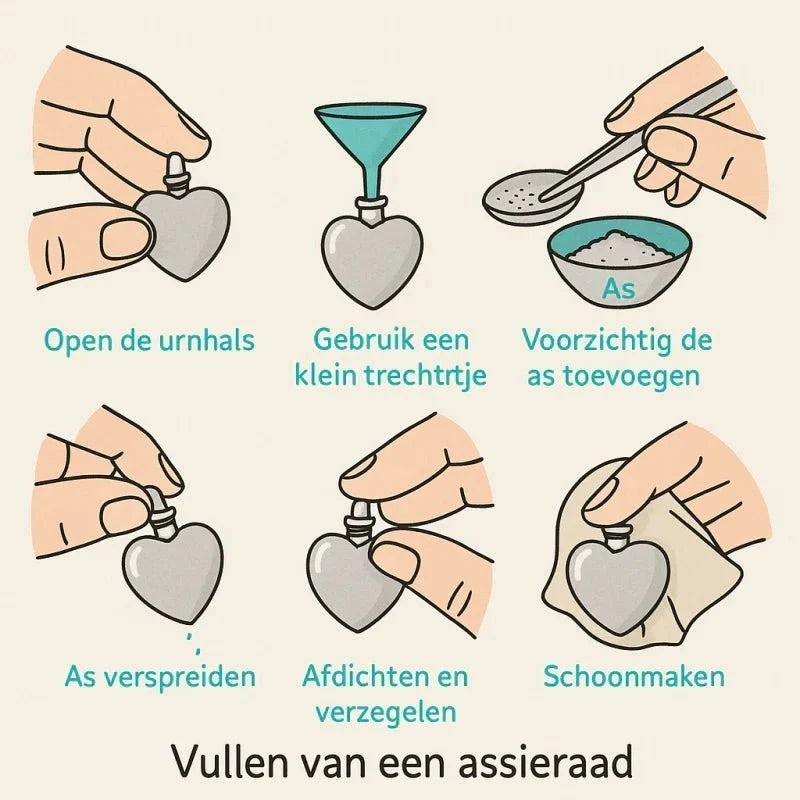 Instructies voor het vullen van een hartvormige ashanger met zirkonia en de tekst 'Love' van Aramat Jewels.