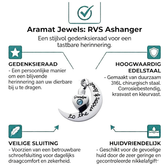 Aramat Jewels ashanger met de tekst 'Grandpa To The Moon and Back', een halve maan met een hartvormige urn en een blauwe zirkonia.
