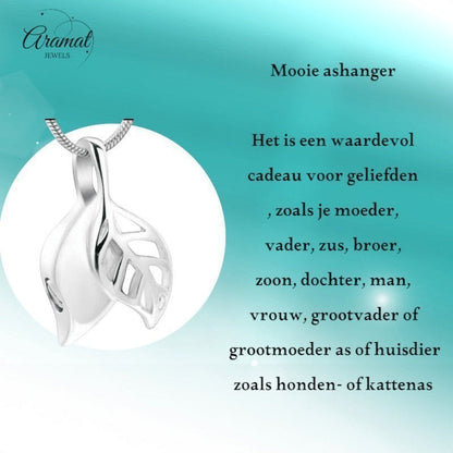 Aramat Jewels zilverkleurige ashanger in de vorm van twee blaadjes, gemaakt van RVS. Een subtiel rouwaccessoire.